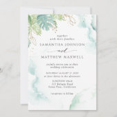緑エレガント青の水色の緑結婚色 招待状 (正面)