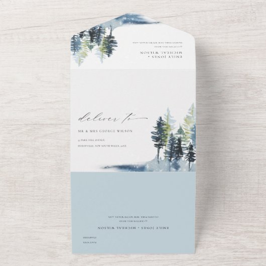 緑エレガント青松の森の鳥の結婚数 オールインワン招待状 (外側)