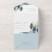 緑エレガント青松の森の鳥の結婚数 オールインワン招待状 (外側)