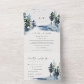 緑エレガント青松の森の鳥の結婚数 オールインワン招待状 (内側)