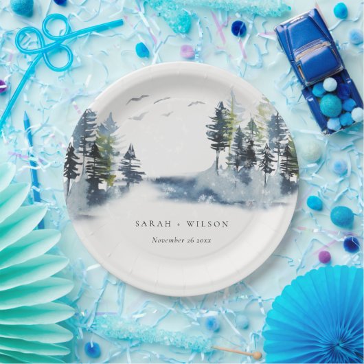 緑エレガント青松の森の鳥の結婚数 ペーパープレート (パーティー)