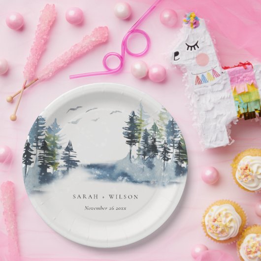 緑エレガント青松の森の鳥の結婚数 ペーパープレート (パーティー)