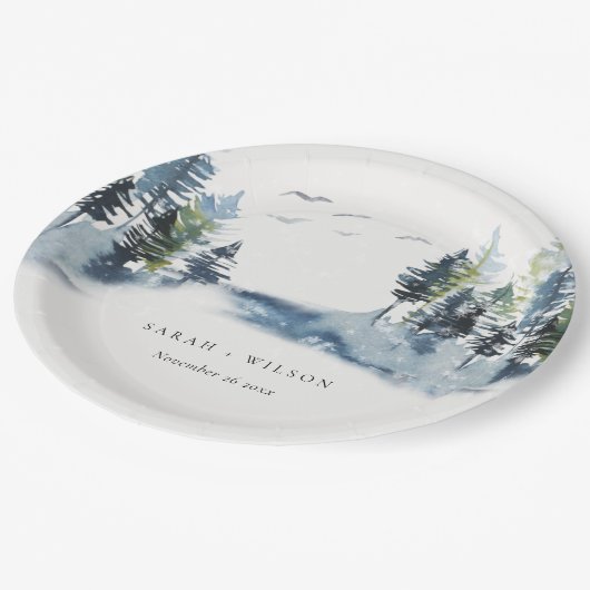 緑エレガント青松の森の鳥の結婚数 ペーパープレート (アングル)