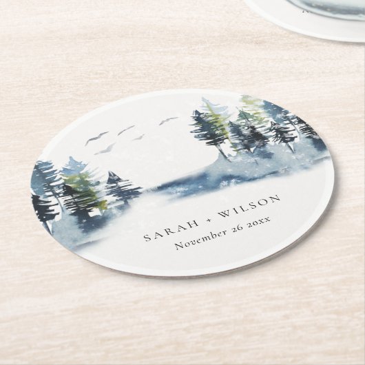 緑エレガント青松の森の鳥の結婚数 ラウンドペーパーコースター (アングル)