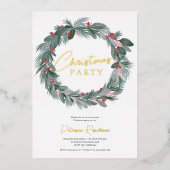 緑エレガント青赤フローラクリスマスリース 箔招待状 (正面)
