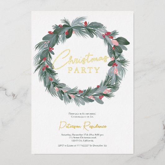 緑エレガント青赤フローラクリスマスリース 箔招待状 (正面)