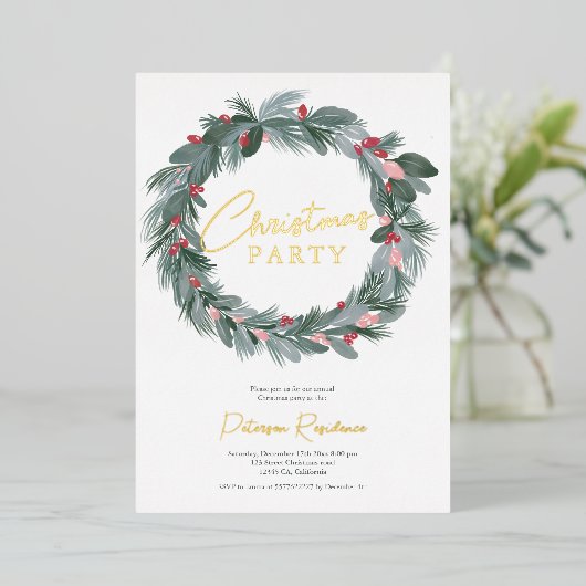 緑エレガント青赤フローラクリスマスリース 箔招待状 (立ち正面)