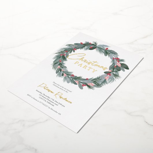 緑エレガント青赤フローラクリスマスリース 箔招待状 (回転した状態)