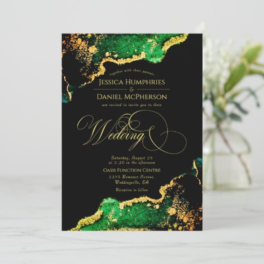 緑エレガント青銅金ゴールド結婚ズ 招待状 (スタンド正面)