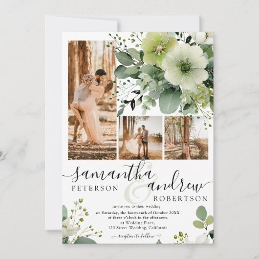 緑エレガント5フォトコラージュ素朴結婚ズ 招待状 (正面)