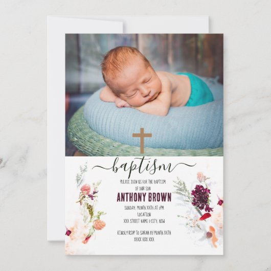 緑エレガント、オレンジ、赤、ワインベビーバプテスマ 招待状 (正面)