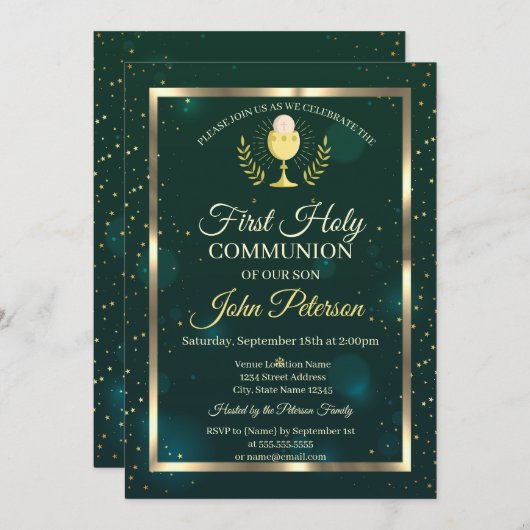 緑エレガント、星の最初の聖餐式 招待状 (正面/裏面)