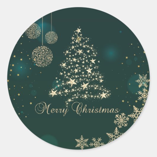 緑エレガント、金ゴールドフェイククリスマスツリー、雪片 ラウンドシール (正面)