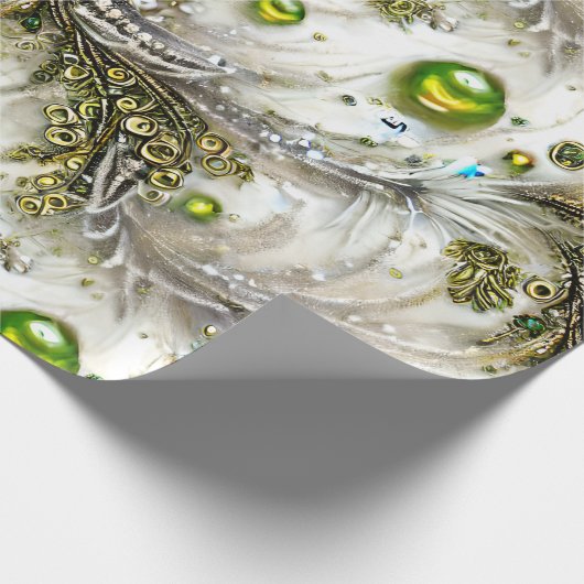 緑エレガント&金ゴールド渦巻き羽毛ビーズ真珠 ラッピングペーパー (角)