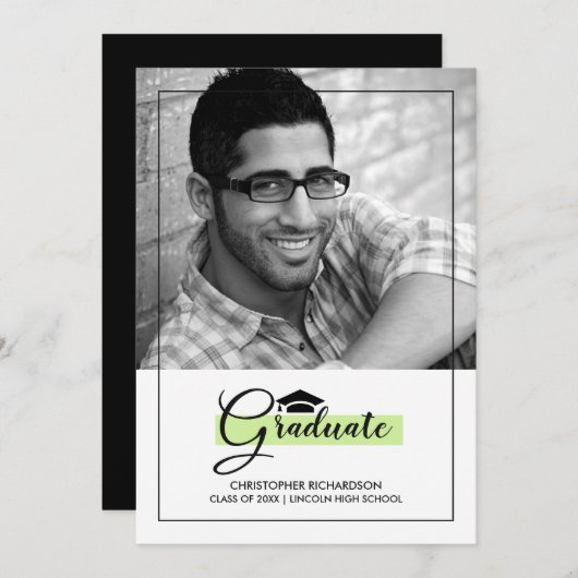 緑エレガント |黒い卒業パーティーの写真カード 招待状 (正面/裏面)