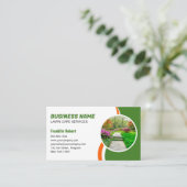 緑オレンジ芝生手入れ造園草刈り3枚写真 名刺 (スタンド正面)