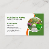 緑オレンジ芝生手入れ造園草刈り3枚写真 名刺 (正面)