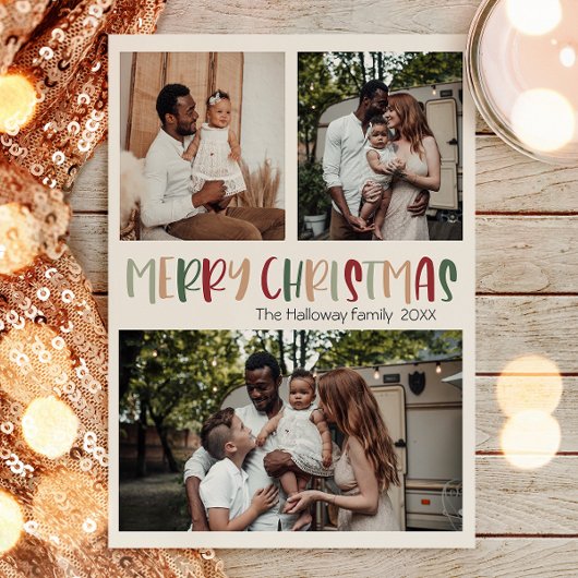 緑カジュアルのクカラフルリスマスはっきりした3枚の写真 シーズンポストカード