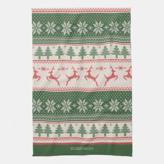 緑カスタムと赤の北欧クリスマスパターン キッチンタオル (縦)