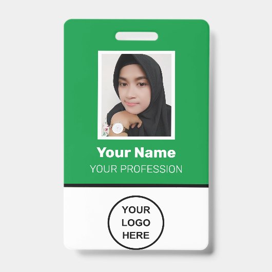 緑カスタムの従業員の写真、バーコード、ロゴ、名前 バッジ (Front)