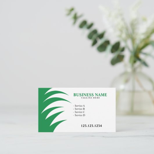 緑カッコいいと白の草刈り用の芝生気に 名刺 (スタンド正面)