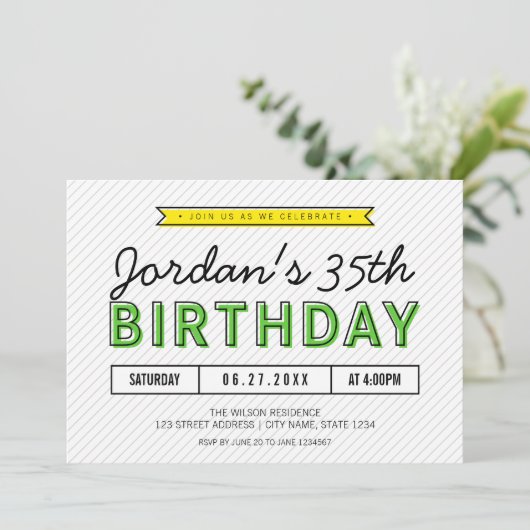 緑カラフルと黄色の任意の年齢のモダン誕生日 招待状 (スタンド正面)