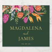 緑カラフルにピンクとオレンジの熱帯花 スパークリングワインラベル (シングルラベル)