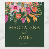 緑カラフルにピンクとオレンジの熱帯花 ワインラベル (シングルラベル)