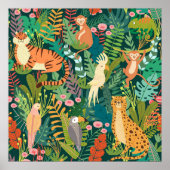 緑カラフルのジャングルl水色の野生動物 ポスター (正面)