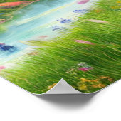 緑カラフルの谷の花と滝 ポスター (角)