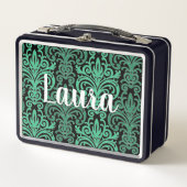 緑カラフルダマスク模様金物弁当箱 メタルランチボックス (正面)