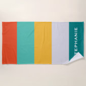 緑カラフル灰色オレンジ色の抽象芸術ストライプ名 ビーチタオル (正面)