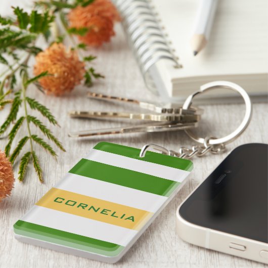 緑カラフル色はっきりしたのとストライプ名前をカスタムする キーホルダー (正面右)