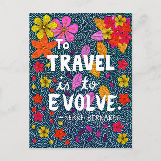 緑カラフル花タイポグラフィ旅行引用文 ポストカード (正面)