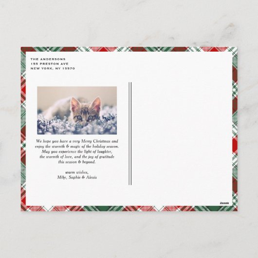 緑クラシックと赤の格子模様の写真 シーズンポストカード (裏面)