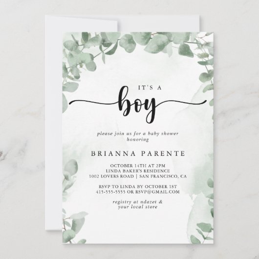 緑クラシックのユーカリ男の子のシャワー 招待状 (正面)