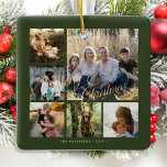 緑クラシックエレガント金ゴールド6 photo collage セラミックオーナメント<br><div class="desc">暗い緑の背景に金ゴールドメリーエレガントクリスマス書のスクリプトとフェイクご自分の家族の写真コラージュのクラシック記念の木のオーナメントを作成する。</div>