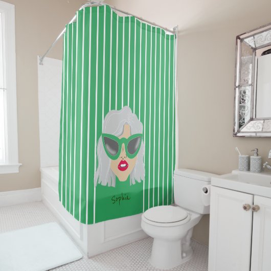 緑クール眼鏡付き白髪の女カスタム性 シャワーカーテン (インサイチュ)