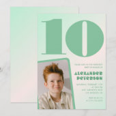 緑グラデーション10th誕生日招待状Boy Photo 招待状 (正面/裏面)