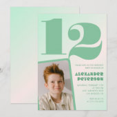 緑グラデーション12th誕生日招待状Boy Photo 招待状 (正面/裏面)
