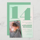 緑グラデーション14th誕生日招待状Boy Photo 招待状 (正面/裏面)