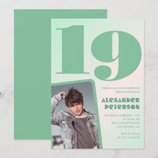 緑グラデーション19th誕生日招待状Boy Photo 招待状 (正面/裏面)