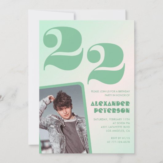 緑グラデーション22歳の誕生日招待状Boy Photo 招待状 (正面)
