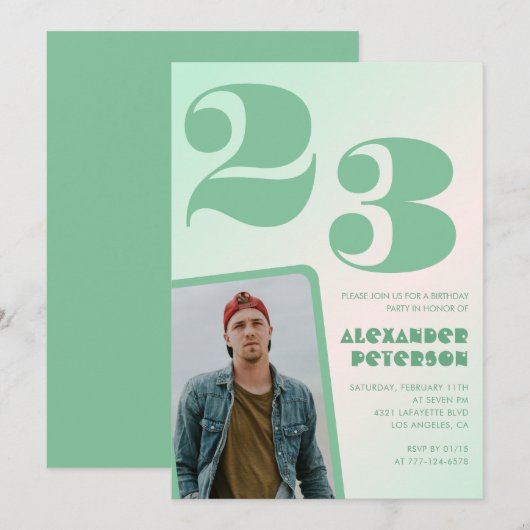 緑グラデーション23歳の誕生日招待状写真 招待状 (正面/裏面)