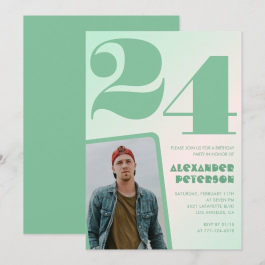 緑グラデーション24th誕生日招待状写真 招待状 (正面/裏面)