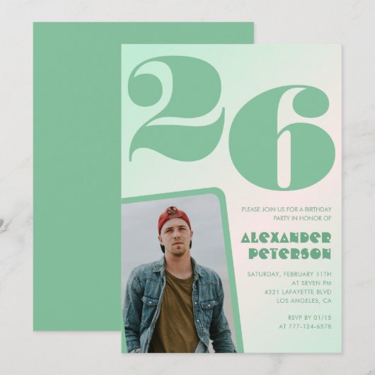 緑グラデーション26th誕生日招待状Boy Photo 招待状 (正面/裏面)