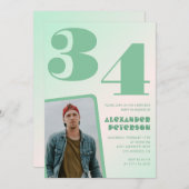 緑グラデーション34th誕生日招待状Boy Photo 招待状 (正面/裏面)