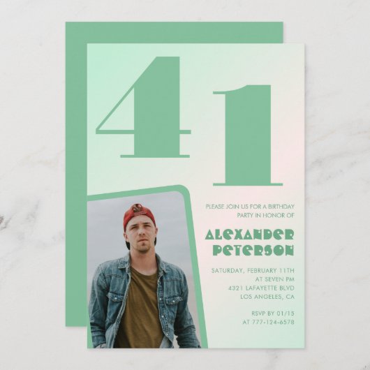 緑グラデーション41歳の誕生日招待状Boy Photo 招待状 (正面/裏面)