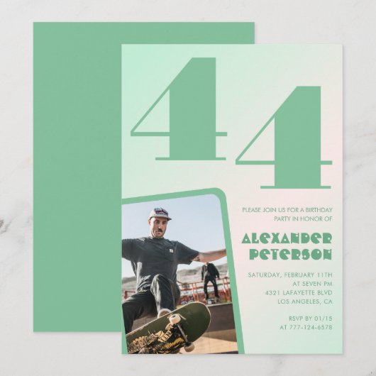 緑グラデーション44th誕生日招待状Boy Photo 招待状 (正面/裏面)