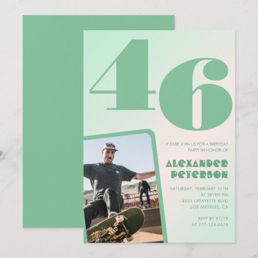 緑グラデーション46th誕生日招待状Boy Photo 招待状 (正面/裏面)